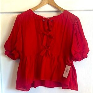 💄 Aniche boutique red peplum puff short sleeve bow tie front blouse Large